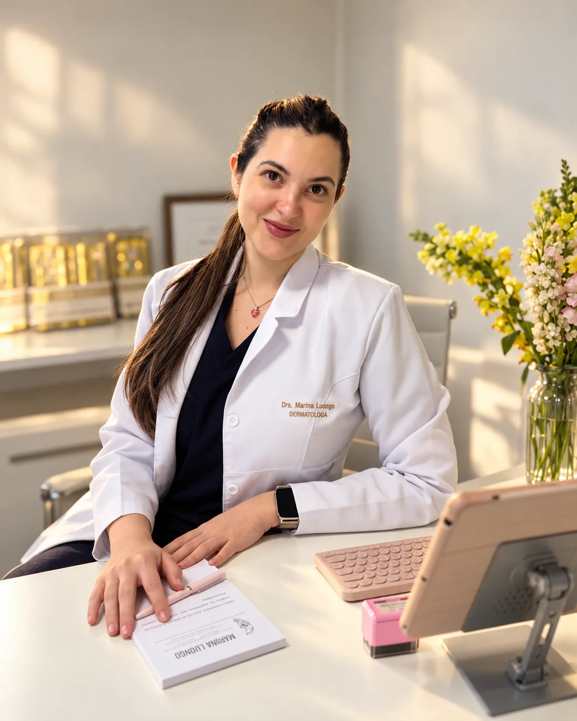 Dra. Marina Luongo, dermatóloga, en su escritorio del consultorio
