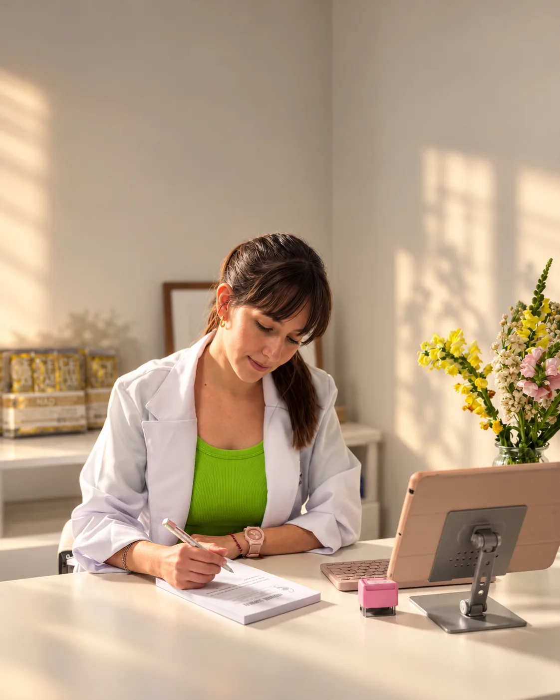 Dra. Nadia Chmyzowski escribiendo en su escritorio del consultorio